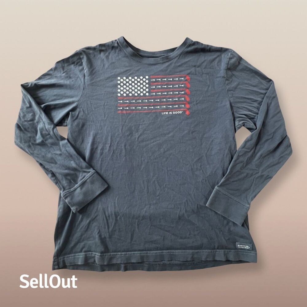 Life is Good Men's Long Sleeve Crusher Tee American Flag Graphic L